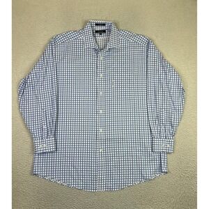 Faconnable Shirt Mens 18.5 34/35 Blue Check Dress Cotton Long Sleeve Made In USA